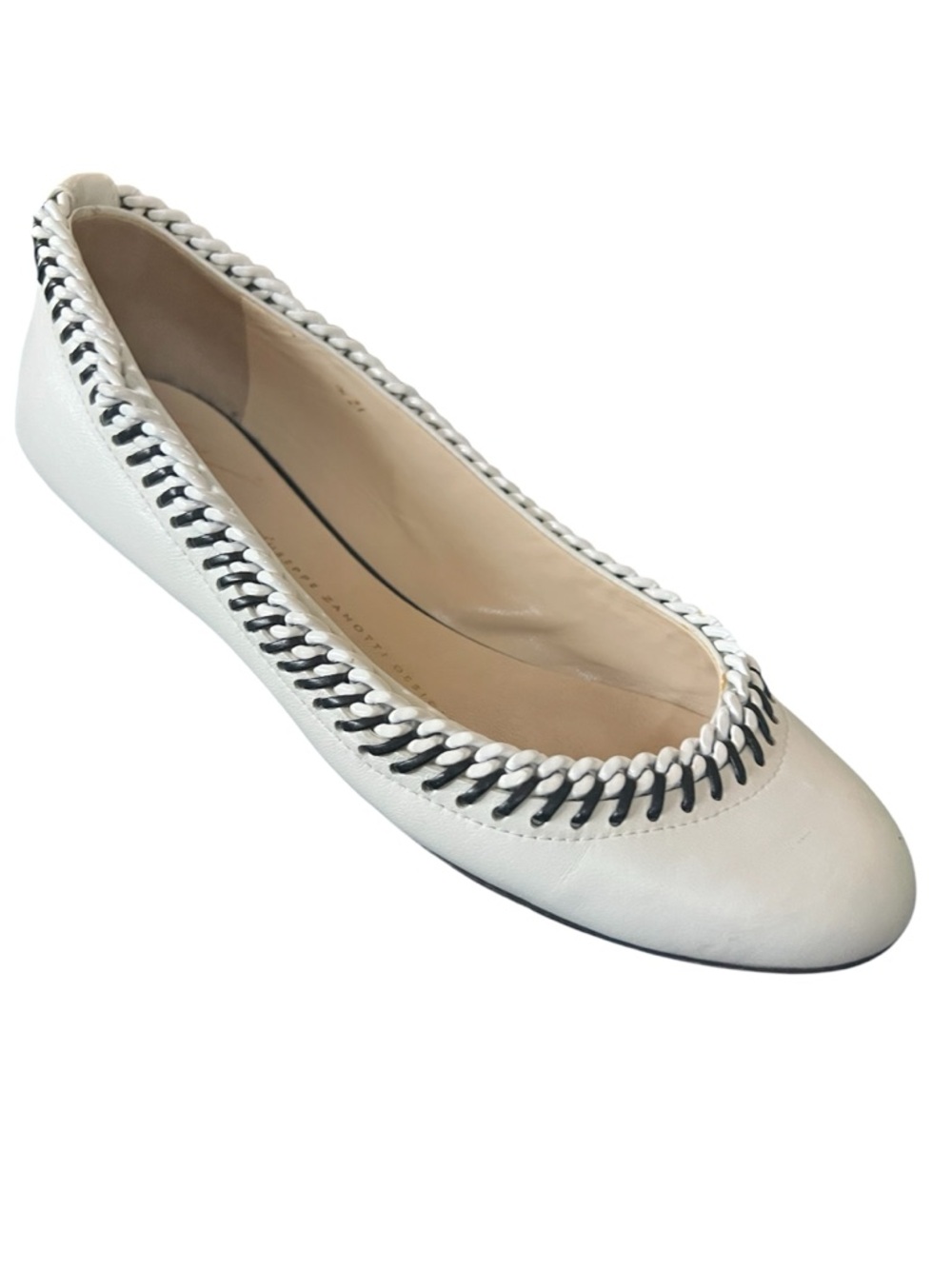 Giuseppe Zanotti White Leather Ballet Flats with Black & White Woven Trim 6.5